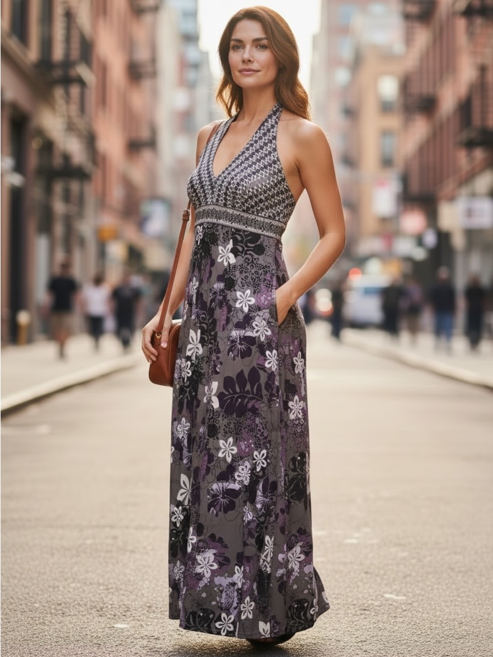ATHLETA Gray Purple Floral Halter Maxi Dress - Size 10T